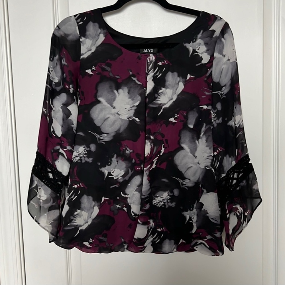Alyx Black and Gray Asymmetrical Bell Sleeve Blouse